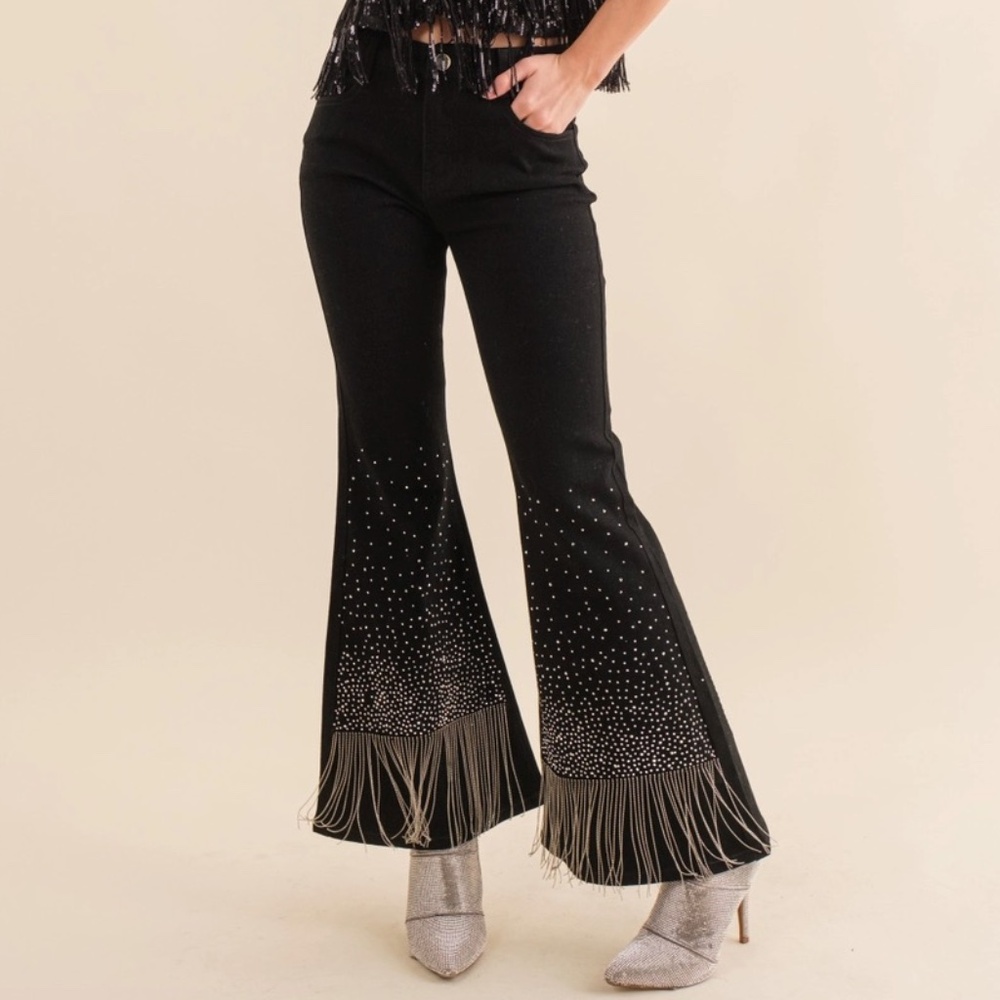 NEW! by Blue B Cotton Stretch Studded Rhinestone Fringe Bell Bottom Jeans Sz SML